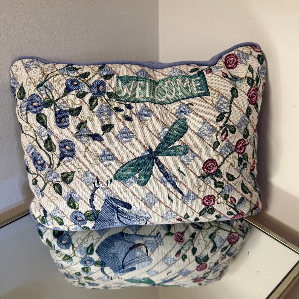 Vintage Tapestry Welcome Pillow Dragonfly Roses Cottage Country Garden Decor